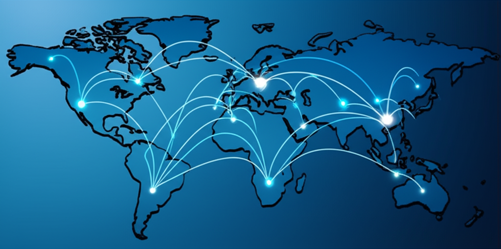 Abstract digital representation of a global network connecting China, USA, and Europe